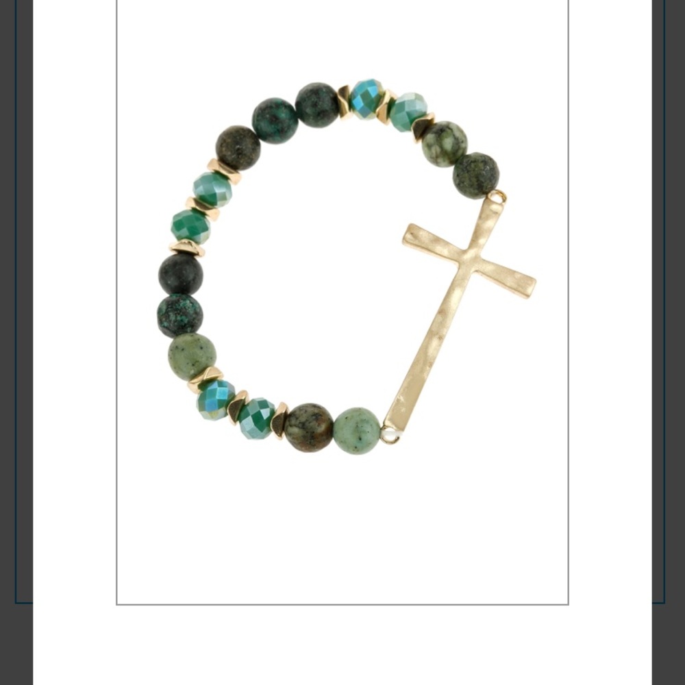 Mix Beads Hammered Cross Bracelet- Aqua Turquoise